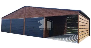  Blechgarage 9x5m Überdachung 3m 2x Tür 3x Schwingtor Dachrinnen Holzoptik ID388