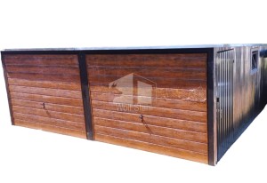 Blechgarage  6x6m - 2x Schwingtor - Holzoptik  +  Zusätzliche Tür  + 2X PVC KIPPFENSTER - Verzinkt - Pultdach  GP205