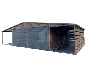  Blechgarage 6x6m Überdachung 3mx6m - 2xSchwingtor - Dachrinnen - Holzoptik - Metalldachziegel GP231