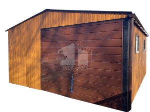 Blechgarage 5,5x6m - Schwingtor - Tür - 2x PVC Kippfenster - Dachrinnen - Helles Walnussholz - Holzoptik - Satteldach GP278 