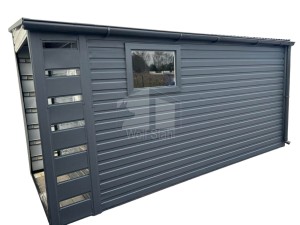 Gartenhaus - Schuppen 2x4m + Überdachung 2m - Tür - PVC Kippfenster - Dachrinnen - Anthrazit - Dach mit Neigung nach links | GP353 |