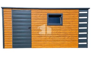 Gartenhaus - Schuppen 4,5x2m + Überdachung 0,5m - Zweiflügeliges Tor - PVC Kippfenster - Helles Walnussholz - Holzoptik - Anthrazit - Flachdach | GP383 |