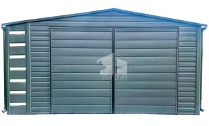 Gartenhaus - Schuppen 4x2,5m + Überdachung 0,5m - Zweiflügeliges Tor - Anthrazit - Dachrinnen - Satteldach | GP385 |