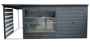 Gartenhaus - Gartenschuppen 4x2,5m + Überdachung 1,2m - Zweiflügeliges Tor - 3x Fenster - Norwegische Kiefer - Holzoptik - anthrazit - Flachdach | ID532 |