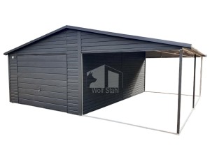 Blechgarage 4x6m + Überdachung 4x6m - Schwingtor - Anthrazit - Metalldachziegel - Satteldach  ID541