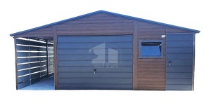 Blechgarage 5x6m + Überdachung 1,5m - Schwingtor - PVC Kippfenster - Tür - Dachrinnen - Verzinkte Konstruktion - Dunkles Walnussholz - Holzoptik - Satteldach ID551