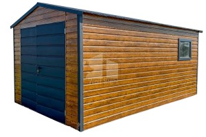 Blechgarage 3,5x5m - Zweiflügeliges Tor - PVC Kippfenster - Helles Walnussholz - Holzoptik - Anthrazit - Satteldach ID559