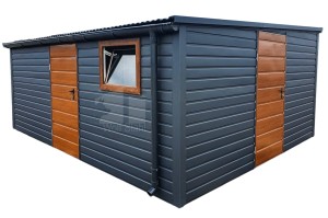 Blechgarage 5x5m - 3x Tür - Anthrazit - Dachrinnen - Flachdach ID564