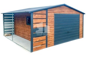 Blechgarage 4x6m + Überdachung 1m - Schwingtor - Tür - PVC Kippfenster - Helles Walnussholz - Holzoptik - Anthrazit - Satteldach ID569