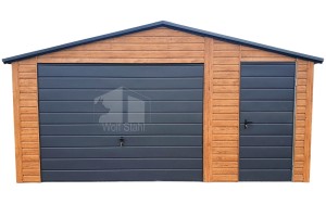 Blechgarage 5,5x6m - Schwingtor - Tür - Helles Walnussholz - Holzoptik - Anthrazit - Dachrinnen - Satteldach ID621