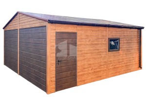 Blechgarage 6x6m - 2x Schwingtor - 2x PVC Kippfenster - Tür - Helles Walnussholz - Dunkles Walnussholz - Holzoptik - Dachrinnen - Satteldach ID623