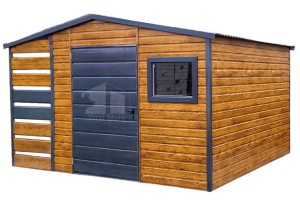 Gartenhaus - Gartenschuppen 2,5x2,5m + Überdachung 1m - Tür - PVC Kippfenster - Helles Walnussholz - Holzoptik - Satteldach | ID627 |