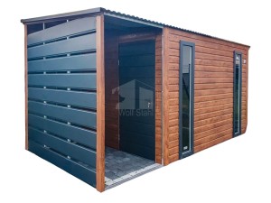 Gartenhaus - Gartenschuppen 2,5x2m + Überdachung 1m - 2x PVC Kippfenster - Tür - Helles Walnussholz - Holzoptik - Dach fällt nach vorne | ID628 |