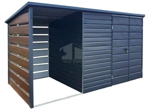Gartenhaus - Gartenschuppen 3x2m + Überdachung 1,5m - Zweiflügeliges Tor - Anthrazit - Dunkles Walnussholz - Holzoptik - Flachdach | ID633 |