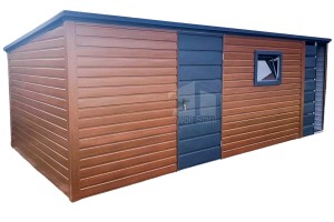 Gartenhaus - Gartenschuppen 4,5x3m + Überdachung 1,2m - Tür - PVC Kippfenster - Goldene Eiche - Holzoptik - Flachdach | ID635 |