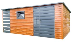 Gartenhaus - Gartenschuppen 4x2,5m + Überdachung 1m - PVC Kippfenster - Zweiflügeliges Tor - Goldene Eiche - Holzoptik - Anthrazit - Flachdach | ID618 |