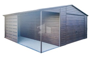 Blechgarage 4,5x6m + Überdachung 2m - Schwingtor - PVC Kippfenster - Dunkles Walnussholz - Holzoptik - Dachrinnen - Satteldach  ID643