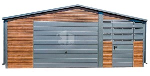 Blechgarage 4,5x6m + Überdachung 2m - 2x Tür - PVC Kippfenster - Dachrinnen - Dunkles Walnussholz - Holzoptik - Anthrazit - Satteldach ID652