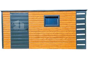 Gartenhaus - Gartenschuppen 4x2m + Überdachung 0,5m - Tür - PVC Kippfenster - Helles Walnussholz - Holzoptik - Anthrazit - Flachdach | ID656 |
