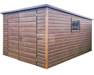 Blechgarage 4x5m - Zweiflügeliges Tor - PVC Kippfenster - Dunkles Walnussholz - Holzoptik - Flachdach ID660