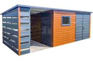 Gartenhaus - Gartenschuppen 4x3m + Überdachung 3m - Zweiflügeliges Tor - Tür - PVC Kippfenster - Helles Walnussholz - Holzoptik - Anthrazit - Flachdach | ID662 |