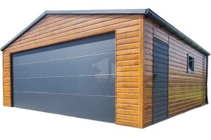 Blechgarage 6,5x6m - Sektionaltor - Tür - PVC Kippfenster - Helles Walnussholz - Holzoptik - Anthrazit - Dachrinnen - Satteldach ID665