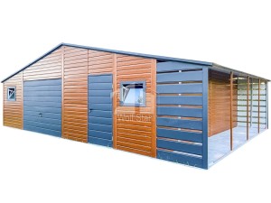 Blechgarage 8,5x6m + Überdachung 1,5m - Schwingtor - Tür - 3x PVC Kippfenster - Helles Walnussholz - Holzoptik - Anthrazit - Satteldach ID683