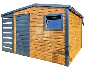 Gartenhaus - Gartenschuppen 3x2,5m + Überdachung 1m - Tür - PVC Kippfenster - Helles Walnussholz - Holzoptik - Anthrazit - Satteldach | GP427 |