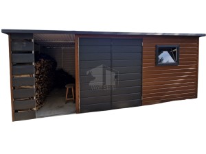 Gartenhaus - Gartenschuppen 3,5x3m + Überdachung 1,5m - Zweiflügeliges Tor - PVC Kippfenster - Golden Eiche - Holzoptik - Flachdach | ID701 |