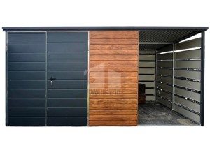 Gartenhaus - Gartenschuppen 3x3m + Überdachung 1,5m Zweiflügeliges Tor - Anthrazit - Helles Walnussholz - Holzoptik - Flachdach | ID704 |