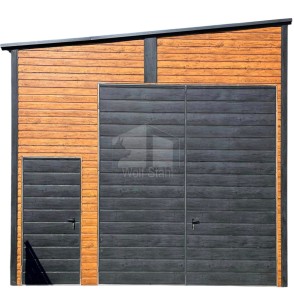 Blechgarage - Halle - 4x8m - Zweiflügeliges Tor - 2x Tür - Anthrazit - Helles Walnussholz - Holzoptik -  Dach mit seitlichem Gefälle ID706