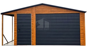 Blechgarage 4,5x5m + Überdachung 1m - Schwingtor - Dachrinnen - Helles Walnussholz - Satteldach ID712