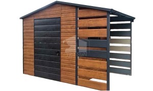 Gartenhaus - Gartenschuppen 2x2m + Überdachung 1m - 2x PVC Kippfenster - Tür - Helles Walnussholz - Holzoptik - Satteldach | ID717 |
