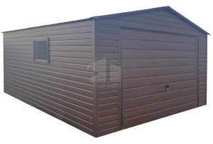 Blechgarage 4x5m - Schwingtor - Tür - PVC Kippfenster - Dunkles Walnussholz - Holzoptik - Satteldach ID757