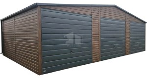 Blechgarage 10,5x6m - 3x Schwingtor - Tür - Holzoptik - Dachrinnen - Satteldach ID791