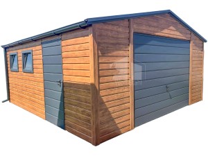 Blechgarage 5x5m - Schwingtor - Tür - 2x PVC Kippfenster - Holzoptik - Anthrazit - Dachrinnen - Satteldach ID794