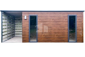 Gartenhaus - Gartenschuppen 4,5x2,5m + Überdachung 1,5m - Tür - 2x PVC Kippfenster - Holzoptik - Anthrazit - Flachdach ID802