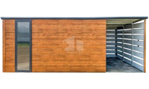 Gartenhaus - Gartenschuppen 4x3m + Überdachung 2m - Tür - PVC Kippfenster - Holzoptik - Anthrazit - Flachdach ID805