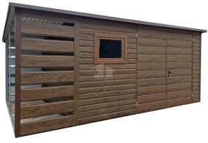 Gartenhaus - Gartenschuppen 4x3m + Überdachung 1m - Zweiflügeliges Tor - PVC Kippfenster - Holzoptik - Flachdach ID841