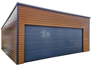 Blechgarage 6,5x6m - Sektionaltor - Tür - Holzoptik - Goldene Eiche - Anthrazit - Flachdach ID845