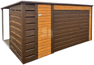 Gartenhaus - Gartenschuppen 4x3m + Überdachung 0,5m - Schwingtor - Tür - Holzoptik - Flachdach | ID873 |