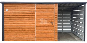 Gartenhaus - Gartenschuppen 3x2m + Überdachung 1,5m - Tür - Holzoptik - Flachdach | ID1000 |