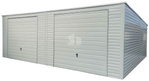 Blechgarage 8x7m - 2x Schwingtor - Weiß - Dachrinnen - Flachdach GP524