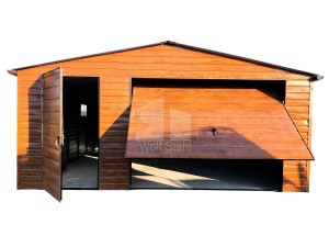 Blechgarage  5,5x6m Schwingtor + Zusätzliche Tür Holzoptik Satteldach GP84