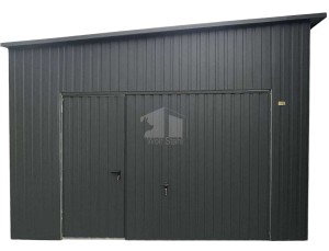 Blechgarage 4,5x10m - 2x Schwingtor - 2x Tür - PVC Kippfenster - Anthrazit - Dachrinnen - Dach mit seitlichem Gefälle ID925 