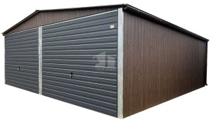Blechgarage 6x6m - 2x Schwingtor - Dunkles Walnussholz - Holzoptik - Dachrinnen - Satteldach ID926 