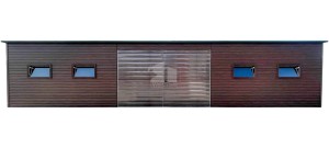 Blechgarage 12x4,5m Zweiflügeliges Tor - 4x PVC Kippfenster - Holzoptik - Flachdach ID932