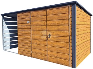 Gartenhaus - Gartenschuppen 3,5x2m + Überdachung 1,5m - Zweiflügeliges Tor - Holzoptik - Flachdach | ID971 |