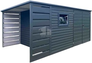 Gartenhaus - Gartenschuppen 4x2,5m + Überdachung 1m - Zweiflügeliges Tor - PVC Kippfenster - Anthrazit - Flachdach  GP567