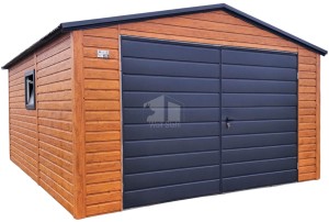 Blechgarage 4x5m - Zweiflügeliges Tor - PVC Kippfenster - Holzoptik - Satteldach ID981